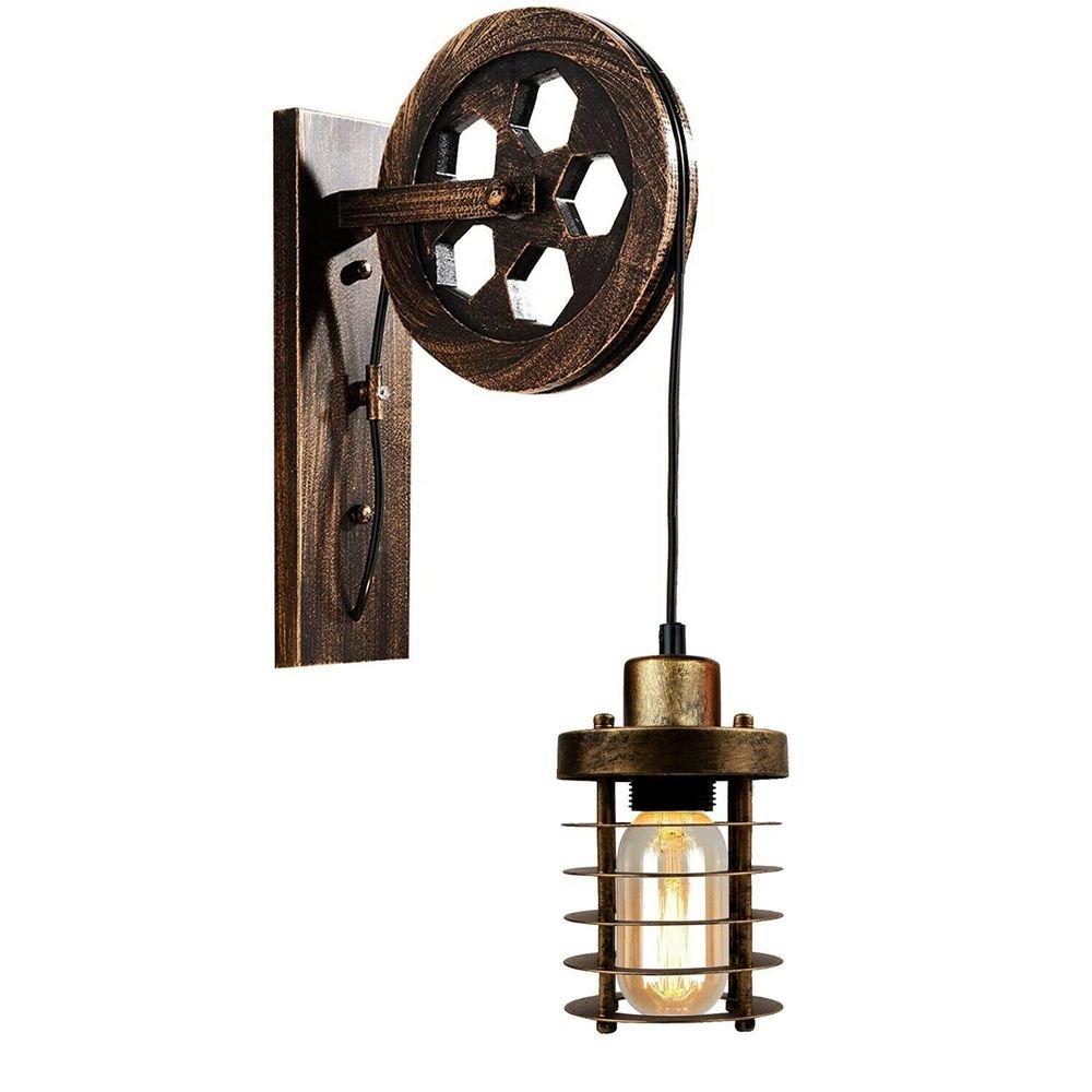 Vintage Industrial Pulley Wheel Wall Mounted Light Metal Cylinder Shape Shade - SILVIONIX