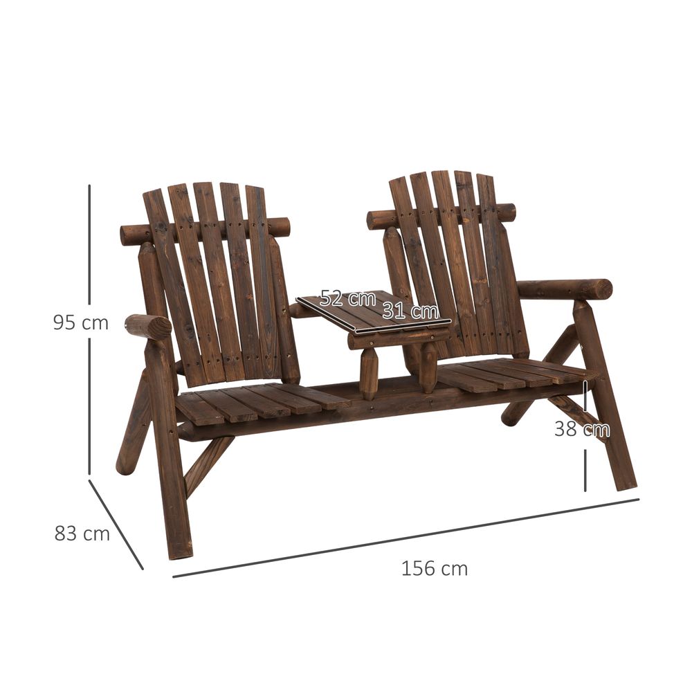 Wood Patio Chair Bench 2 Seats with Center Coffee Table, Garden Bench - SILVIONIX