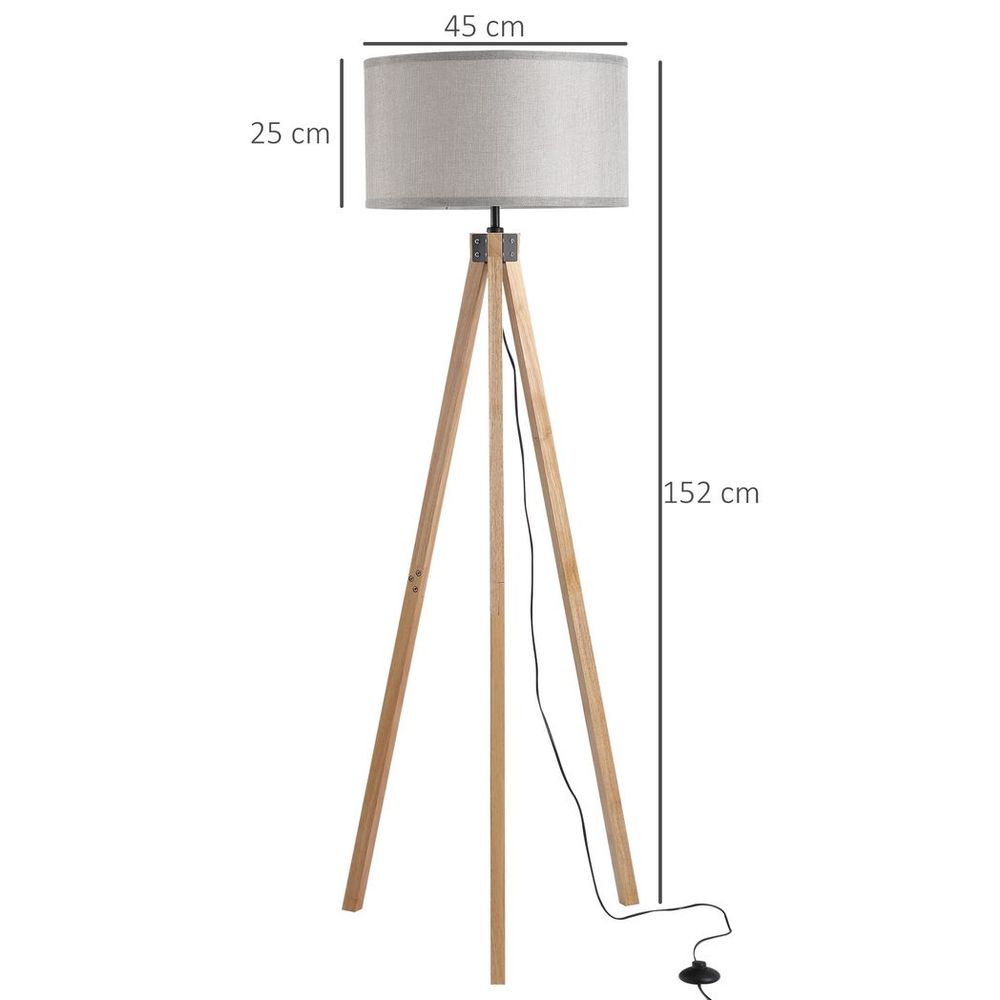 Wood Tripod Floor Lamp Home Lighting Elegant E27 Bulb Linen Shade Grey - SILVIONIX