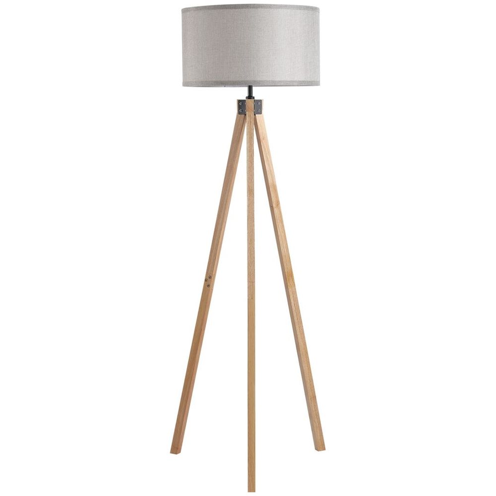 Wood Tripod Floor Lamp Home Lighting Elegant E27 Bulb Linen Shade Grey - SILVIONIX