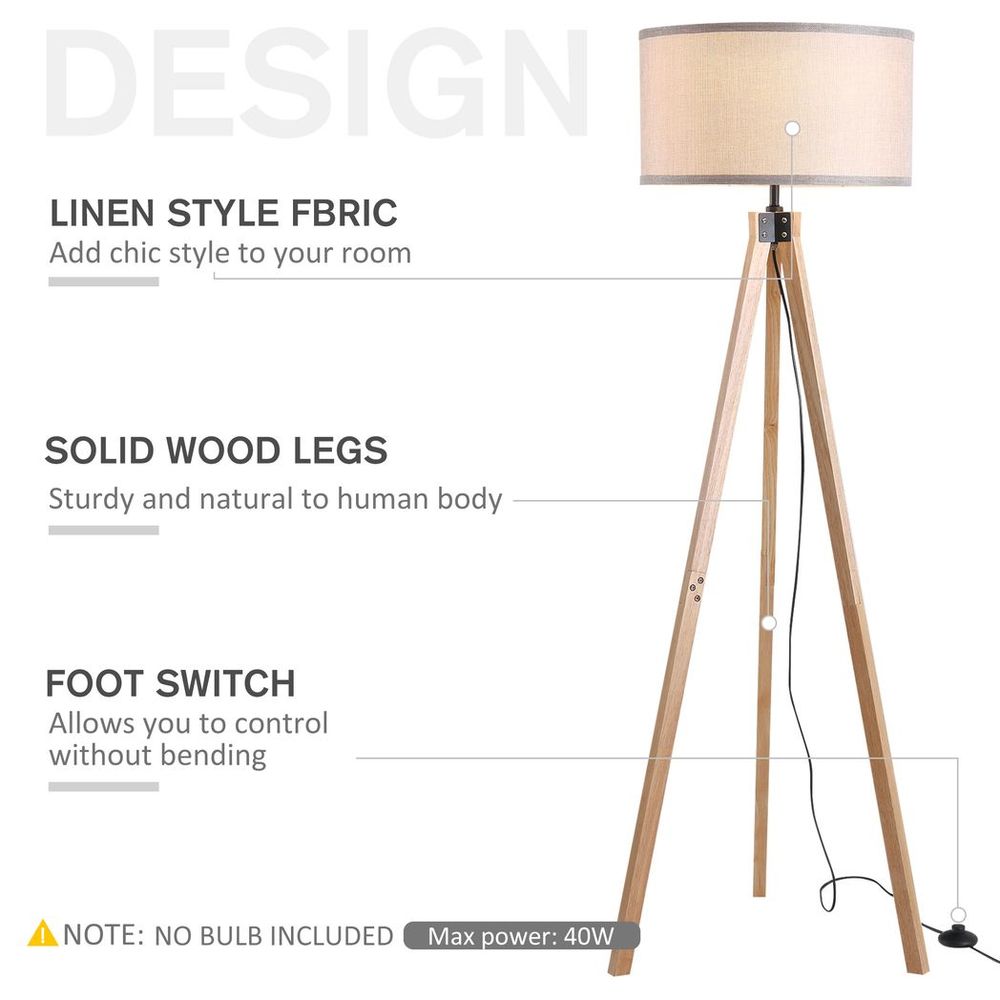 Wood Tripod Floor Lamp Home Lighting Elegant E27 Bulb Linen Shade Grey - SILVIONIX